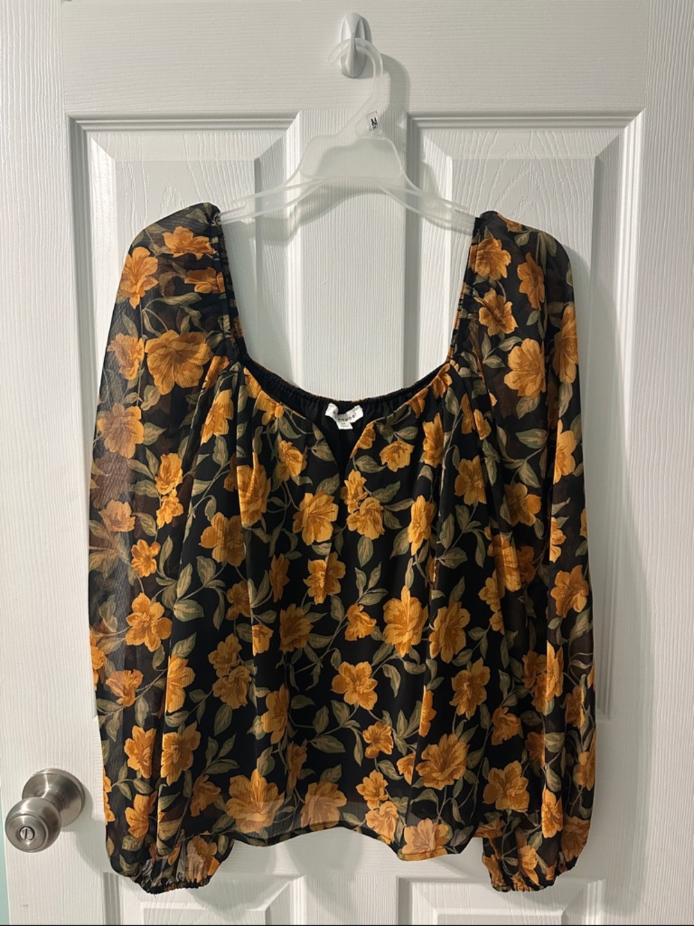 Black Sheer Puff-Sleeve Blouse with Orange Floral Print